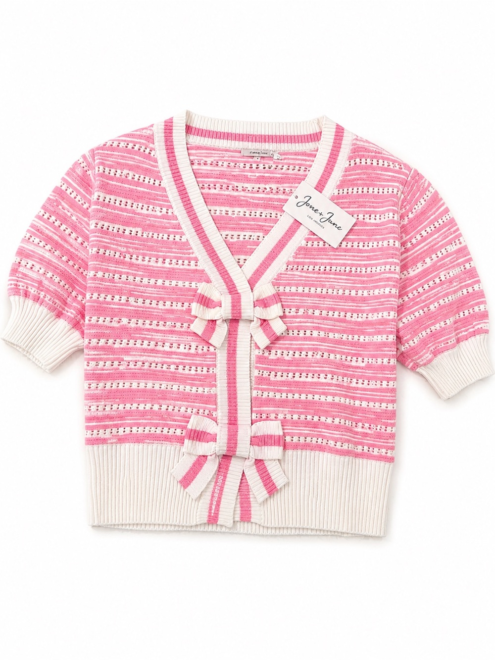 Jones New York Pink & Cream Striped Bow-Front Knit Top